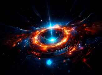 Obraz premium A vibrant cosmic ring, ablaze with fiery orange and cool blue energy, pulses in the inky blackness of space. Intricate details and swirling nebulae surround the central light source.