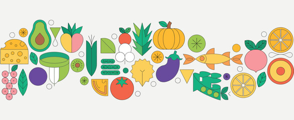 Colorful Food Illustration Banner with Fruits Vegetables and Fish