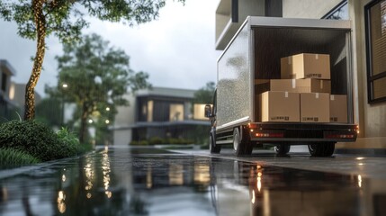 A stunning image of delivery truck unloads boxes near modern home on rainy day. Residential logistics, moving service. Transport van with cardboard boxes arrives at house.