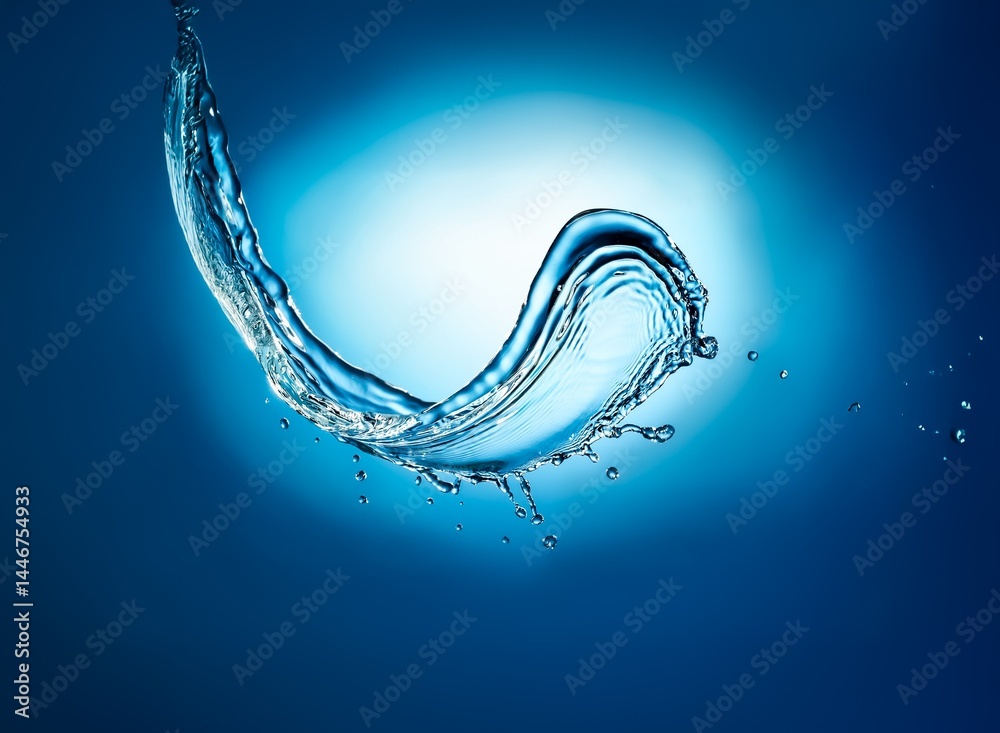 Poster dynamic blue water splash, curving elegantly against a bright backdrop. the droplets shimmer, creati