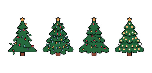 Four Christmas Trees with Colorful Lights Decorations