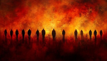 Figures walk fiery landscape