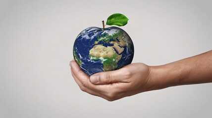 A hand gently cradles our planet, symbolized as an apple.  A hopeful image of environmental care.