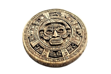 Obraz premium Ancient Mayan/Aztec Circular Stone Calendar Illustration, Isolated Background, Carved Relief, Brown Gold Tones