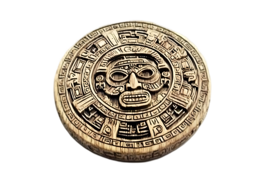 Ancient Mayan/Aztec Circular Stone Calendar Illustration, Isolated Background, Carved Relief, Brown Gold Tones