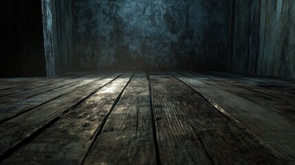 Dim, aged wooden floor in a dark,  haunted room.  Walls are  weathered,  bleak