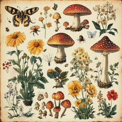 Vintage Botanical Illustration with Butterflies and Wild Mushrooms