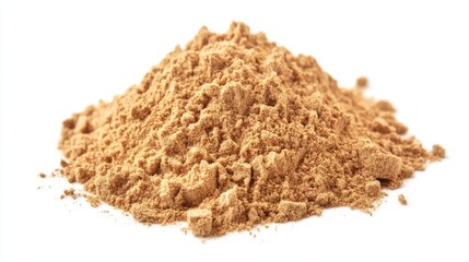 A stunning image of ginger root, pile of ground ginger powder isolated on white backdrop. Culinary ingredient, spice for cooking, food flavoring, traditional medicine. Healthy.