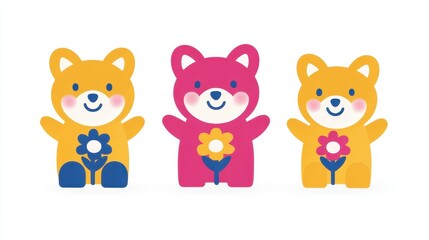 Obraz premium Stylized pixel art composition featuring cheerful bear figures with floral designs, reminiscent of classic 8-bit gaming aesthetics, creating inviting retro charm