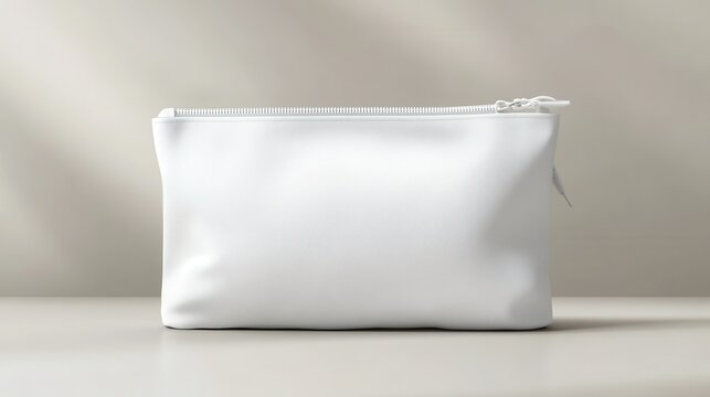 A stunning image of modern white cosmetic pouch mockup. Realistic fabric zipper bag for makeup beauty tools. Detail, bright, pro toiletry container. Fashion luxury clean elegant. - Powered by Adobe