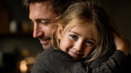 Close-up shot of a father and child hugging, showing love and joy in the moment, in a peaceful home setting