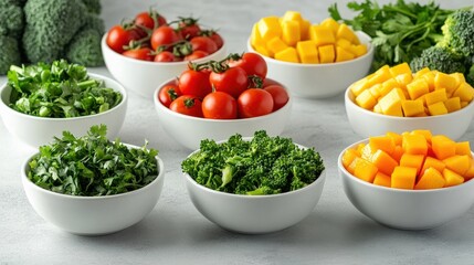 A stunning image of colorful vegan food arrangement. Fresh vegetables in bowls for salad bar or buffet. Red tomatoes, green herbs, yellow mango and broccoli on kitchen table.