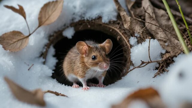 Striped field mouse emerging from its burrow in the snowy ground under a tree. Charming little common rodent in the wild.