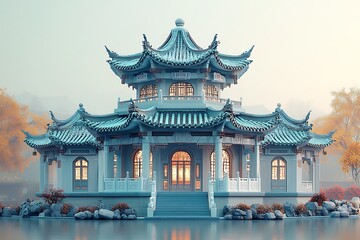 Obraz premium Serene chinese pavilion reflection in tranquil water cultural heritage architecture