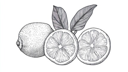 Hand-drawn illustration of whole and sliced lemons with leaves