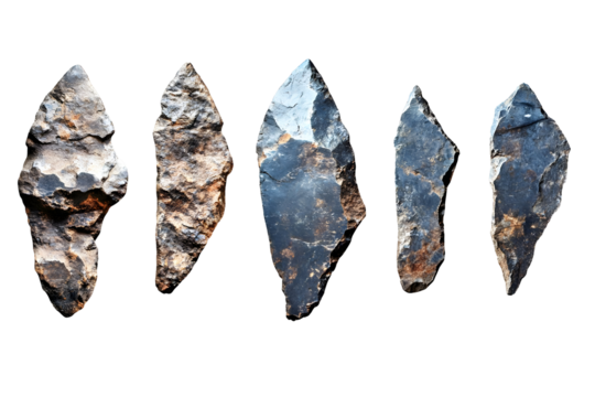 Ancient Stone Arrowheads Isolated On Black Background, Archaeological Artifacts, Prehistoric Tools, Historical Collection, Row Arrangement