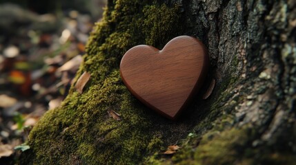 A stunning image of wooden heart rests near a tree trunk in forest with moss. Symbol represents love nature memory funeral memorial. It signifies remembrance grief sympathy hope.