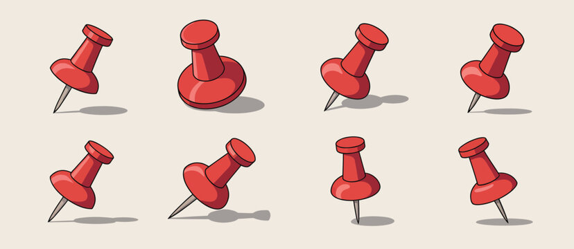 Set of Red Push Pins in Various Angles Illustration
