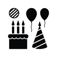 Celebrate with Style Festive Birthday Party Icons - Cake, Balloons, and Party Hat