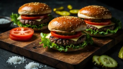 Tasty homemade grilled beef burgers with tomatoes, cheese, cucumbers, and lettuce. Bird's eye view with text space. - Powered by Adobe
