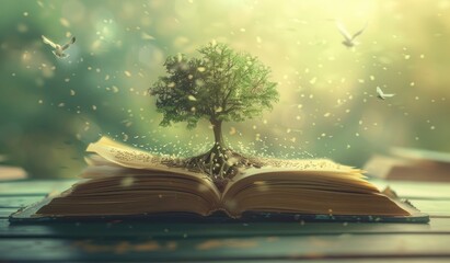 Books World. Closeup of Open Book on Library Bookcase with Blur Background