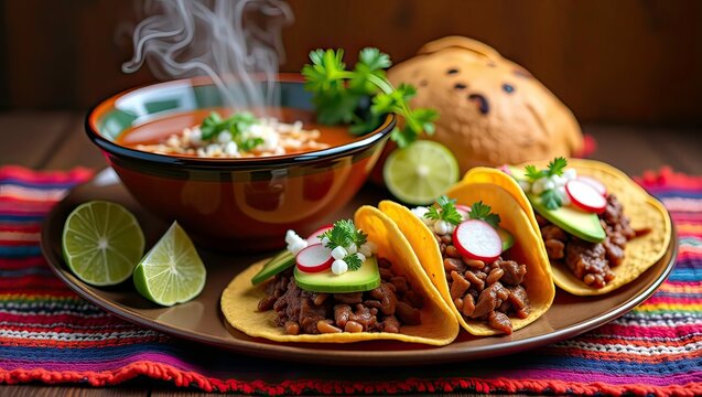 Traditional mexican birria consome soup and four taco with stewed beef image