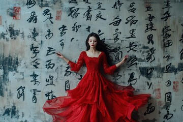 Artistic photo with woman in red surrounded by Chinese calligraphy