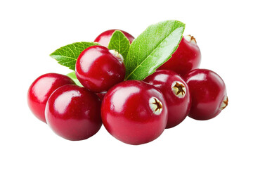 Close-up, high-quality image of a cluster of vibrant red cranberries with green leaves.  The berries are displayed against a dark background, emphasizing their color and texture.