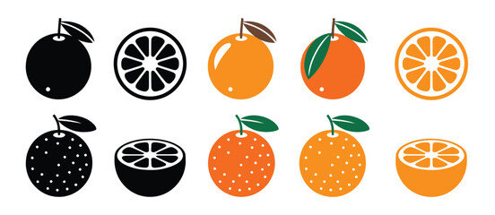 Orange Fruit Icons Set Whole, Halved, Black and Orange