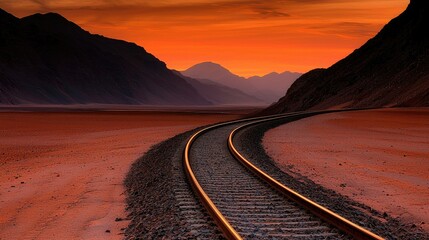 Fototapeta premium Desert mountain landscape with curving railway tracks.