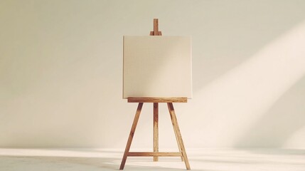Blank canvas on wooden easel in bright room.
