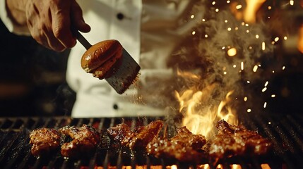 Grilling food with flames and smoke, a chef's artistry in action.