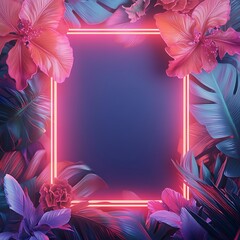 Obraz premium Neon frame, tropical flowers, blank space