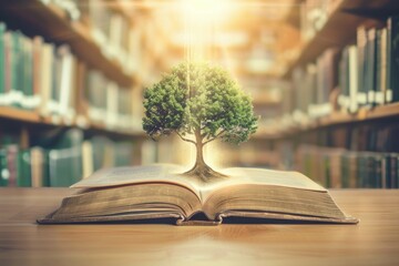 Books World. Closeup of Open Book on Library Bookcase with Blur Background