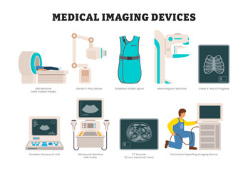 Set of medical imaging device tools equipment collection, educational medical poster design healthcare scheme, labeled MRI, apron, mammogram, chest x-ray, ultrasound, CT-scanner, technician.