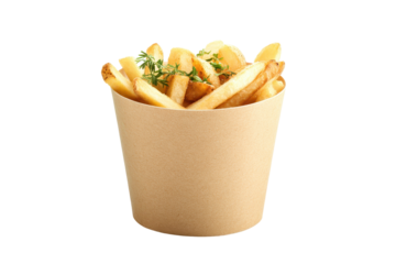 Paper-made container full of seasoned, crispy french fries. The fries are golden-brown and look appetizing.