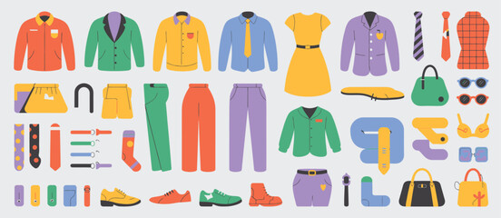 Colorful Flat Lay Fashion Illustration of Clothing and Accessories