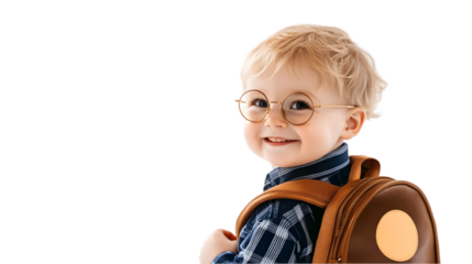 Smiling Blond Child With Glasses Carrying Brown Backpack, Isolated Png Illustration