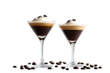 Espresso Martini cocktail with coffee bean garnish transparent PNG set bundle, isolated background. Mixology, bar menu cocktails in coupe saucer and martini glass, colorful refreshing drink