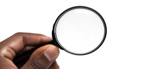 Magnifying glass held by an african american hand against a white background