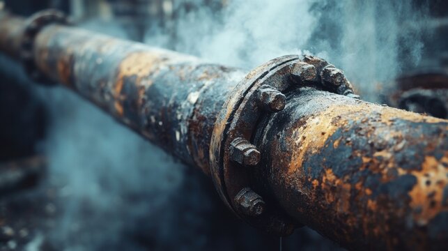 A stunning image of corroded industrial pipe with steam leak. Rusty metal tube, old pipeline, broken system. Problem of gas leak. Energy crisis, industry, construction, technology.