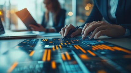 Close-up shot of business experts utilizing data analytics tools, mid-range shot, in a high-tech office, using focus blur