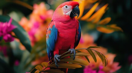 Vibrant Scarlet Macaw Perched Amidst Lush Tropical Foliage, a Captivating Portrait of Exotic Wildlife in its Natural Habitat, Colorful Bird Portrait