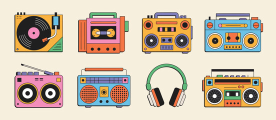 Retro Music Devices Collection Colorful Illustration