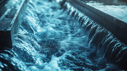 A stunning image of wastewater treatment plant mechanical screen in detailed view. Removing large solids from water flow using industrial filtration tech. Water purification.