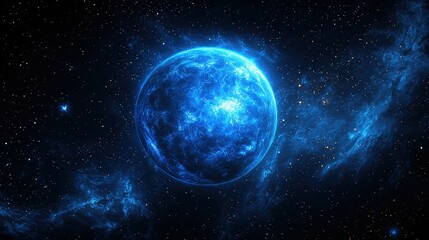 Obraz premium Cosmic blue planet against a starry night sky.