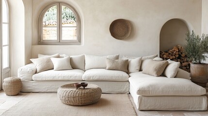 Elegant Spacious Living Room Featuring Large Plush White Couch Surrounded by Warm Cozy Atmosphere