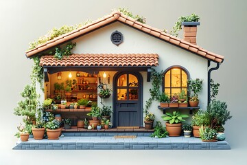 Miniature cottage with terracotta roof and plants illustration cozy ambiance