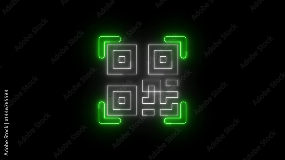 Poster animated qr code with neon glowing scan lines on black background