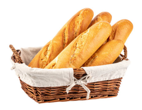 basket of baguettes on transparent background